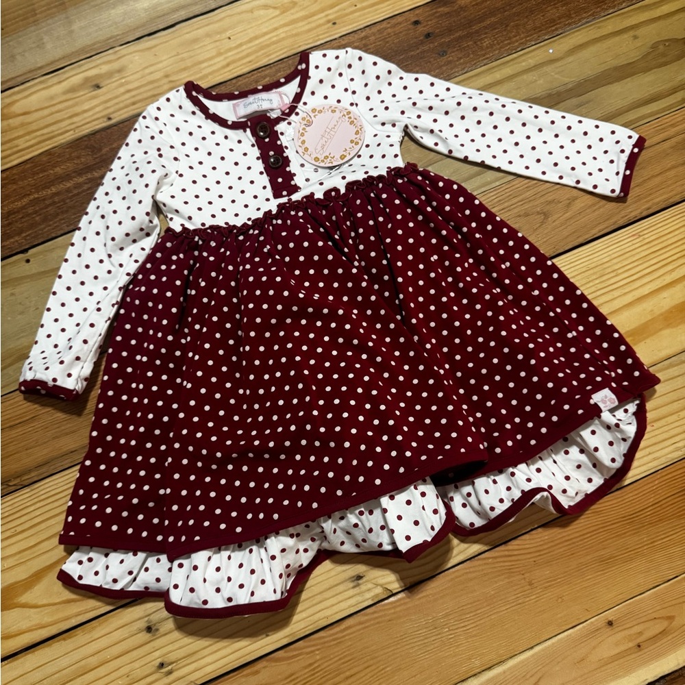 SweetHoney Burgundy and White Polka Dot Long-Sleeve Dress